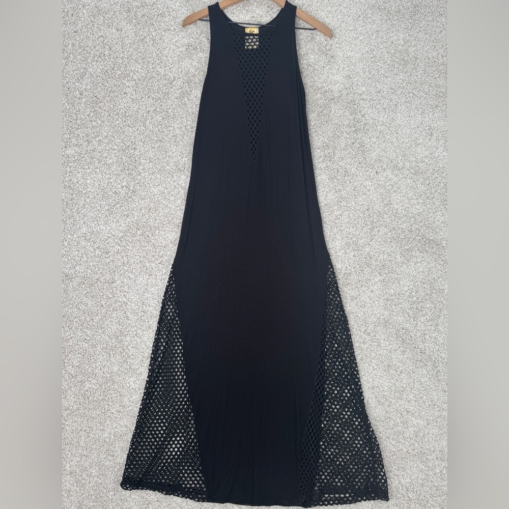 Lily Bleu Beach Black Sleeveless Tank Mesh Netting Maxi Dress Cover Up Small